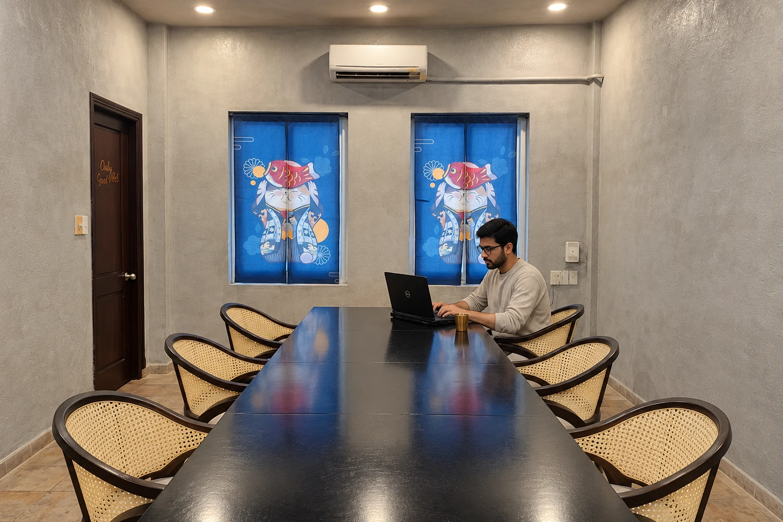 Edited view of Commune’s coworking room with a person at a laptop.