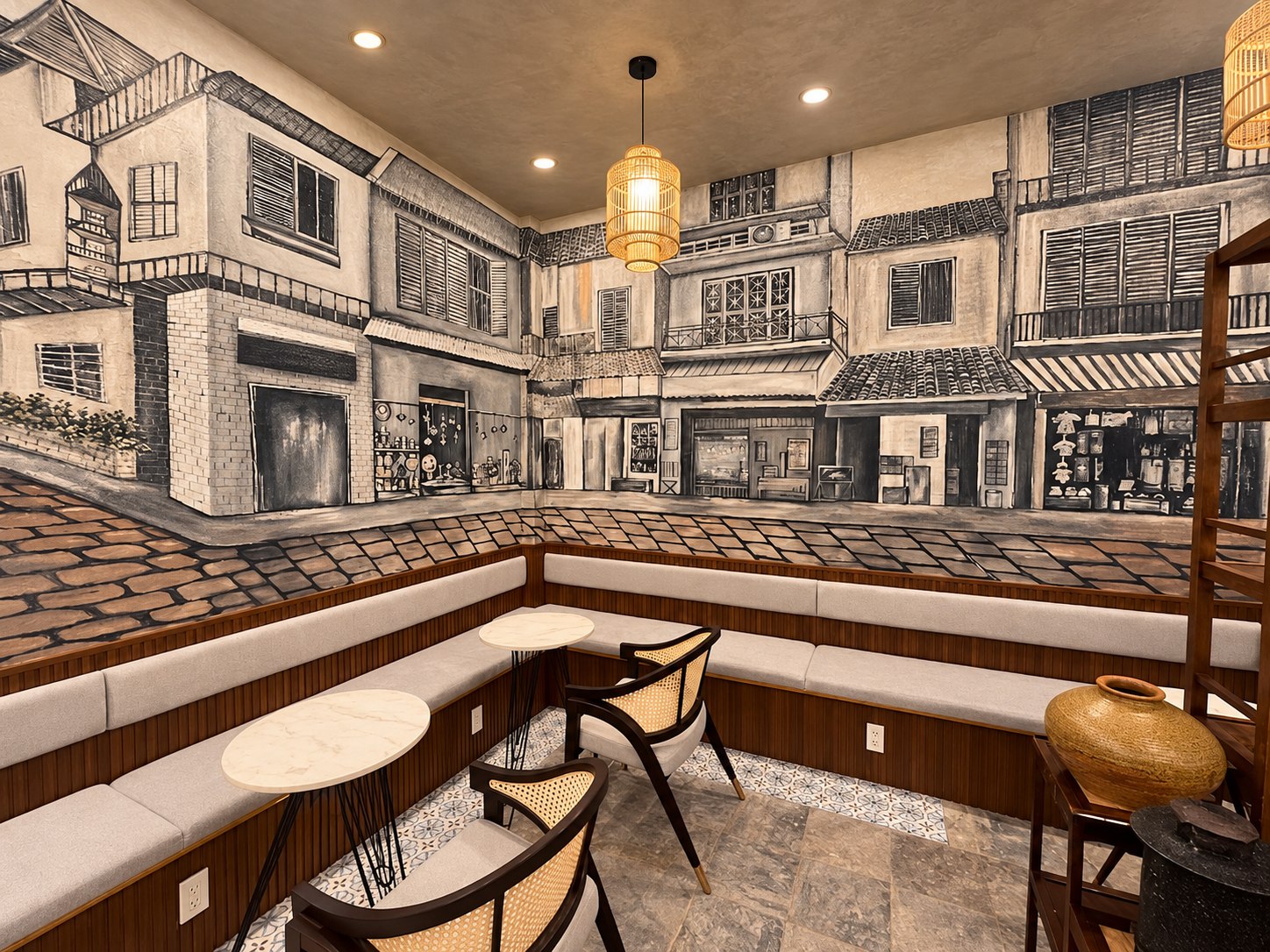 Cane chairs and café tables beneath Commune’s illustrated street mural